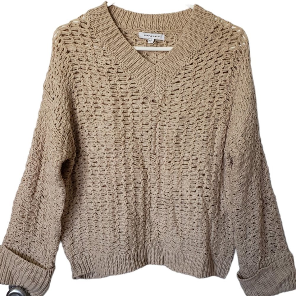 Purple Snow M Open Weave Knit Sweater Long Sleeve V Neck Beige